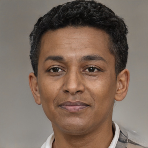 Joyful latino adult male with short  black hair and brown eyes