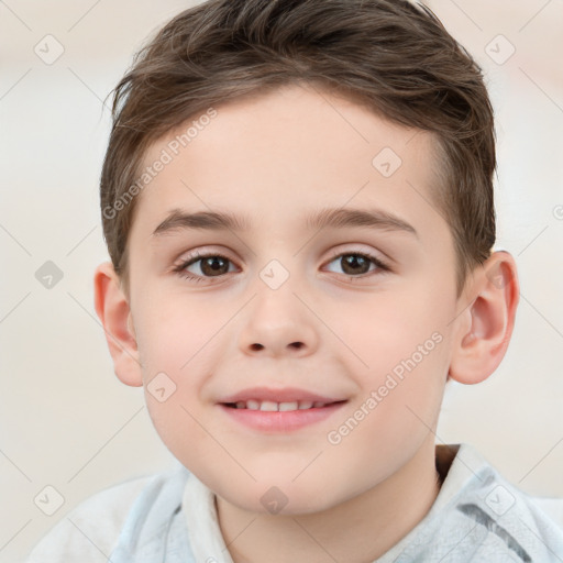 Joyful white child male with short  brown hair and brown eyes