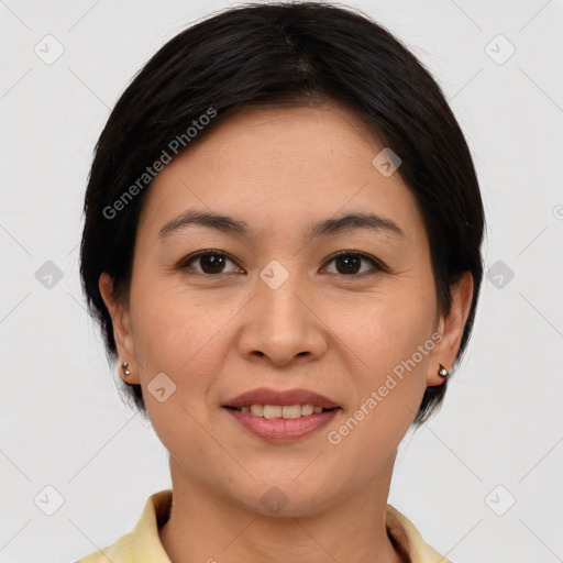 Joyful white young-adult female with medium  brown hair and brown eyes