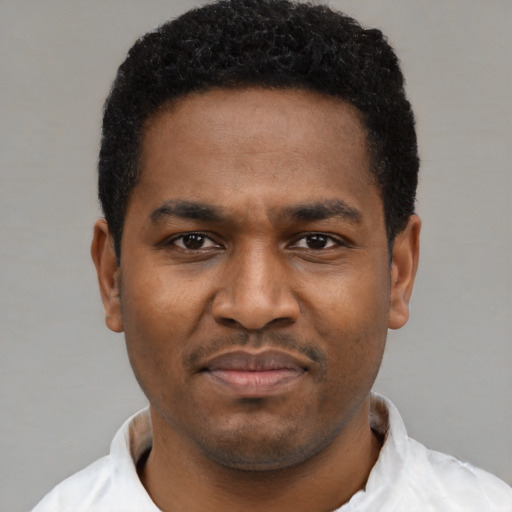 Joyful black young-adult male with short  black hair and brown eyes