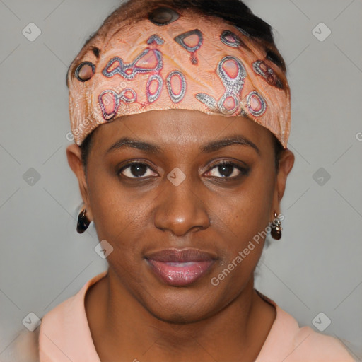 Joyful latino young-adult female with short  black hair and brown eyes