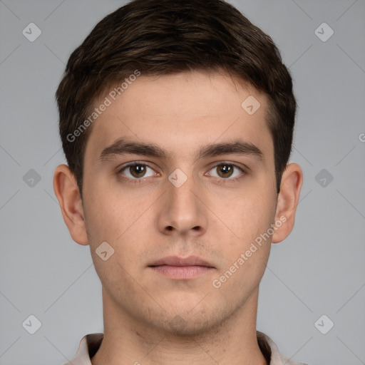 Neutral white young-adult male with short  brown hair and brown eyes