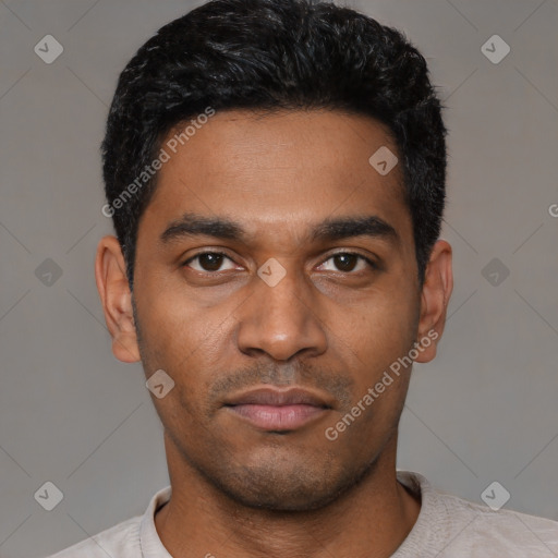 Neutral latino young-adult male with short  black hair and brown eyes