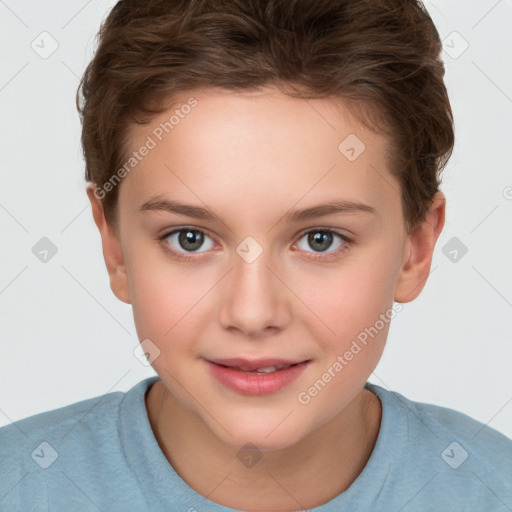 Joyful white child female with short  brown hair and brown eyes