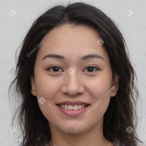 Joyful white young-adult female with long  brown hair and brown eyes