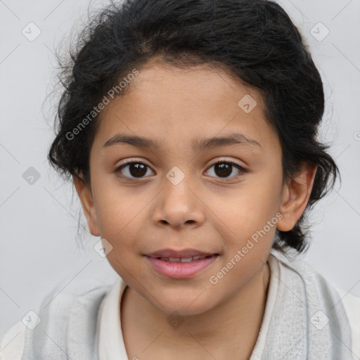 Joyful white child female with medium  brown hair and brown eyes