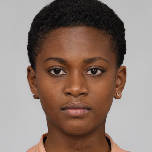 Neutral black young-adult female with short  brown hair and brown eyes