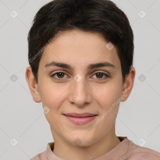 Joyful white young-adult female with short  brown hair and brown eyes