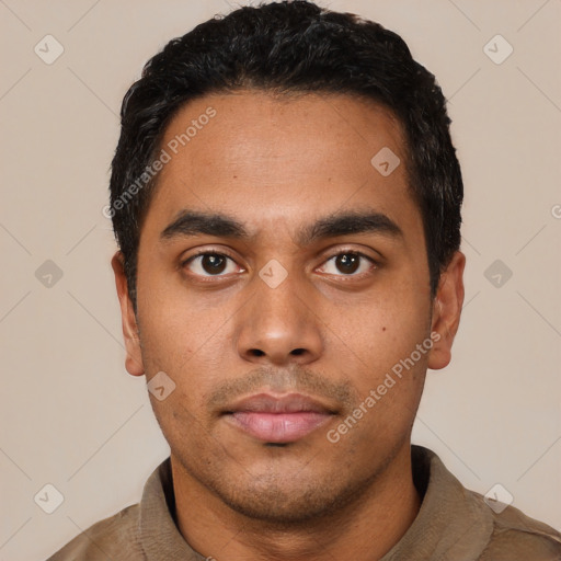 Neutral latino young-adult male with short  black hair and brown eyes