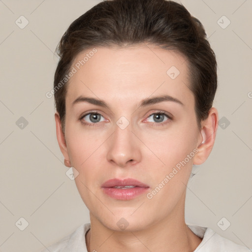 Neutral white young-adult female with short  brown hair and brown eyes