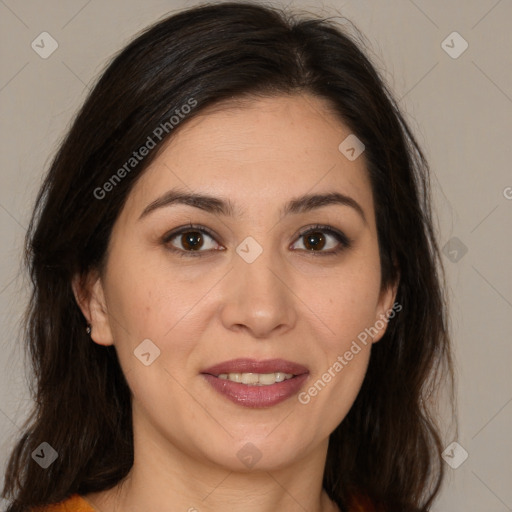 Joyful white young-adult female with medium  brown hair and brown eyes