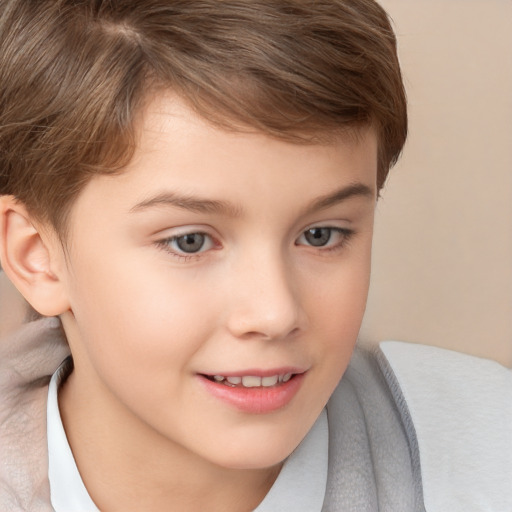 Joyful white child female with short  brown hair and brown eyes