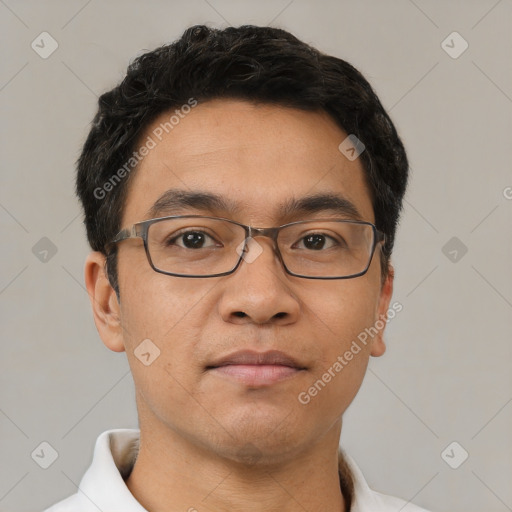 Neutral asian adult male with short  brown hair and brown eyes