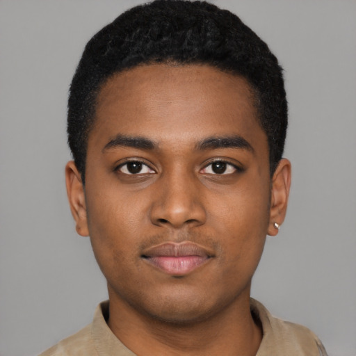 Neutral black young-adult male with short  black hair and brown eyes