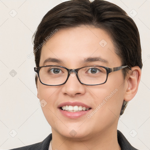 Joyful white young-adult female with medium  brown hair and brown eyes