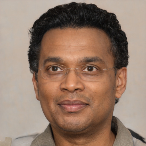 Joyful latino adult male with short  black hair and brown eyes