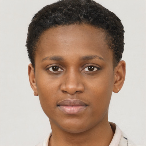 Neutral black young-adult female with short  brown hair and brown eyes