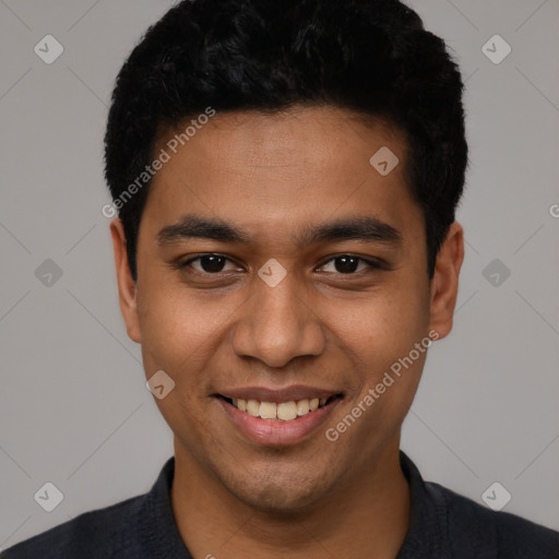 Joyful latino young-adult male with short  black hair and brown eyes