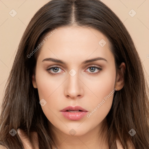 Neutral white young-adult female with long  brown hair and brown eyes