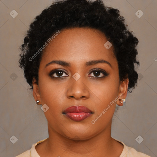 Neutral black young-adult female with short  black hair and brown eyes