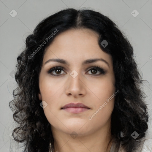 Neutral latino young-adult female with long  black hair and brown eyes