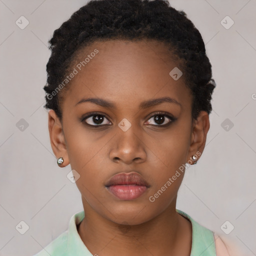 Neutral black young-adult female with short  black hair and brown eyes