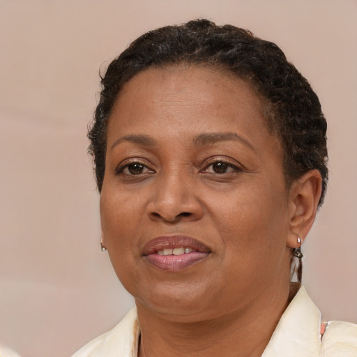 Joyful black adult female with short  brown hair and brown eyes