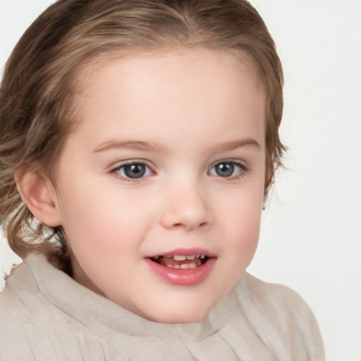 Joyful white child female with medium  brown hair and blue eyes