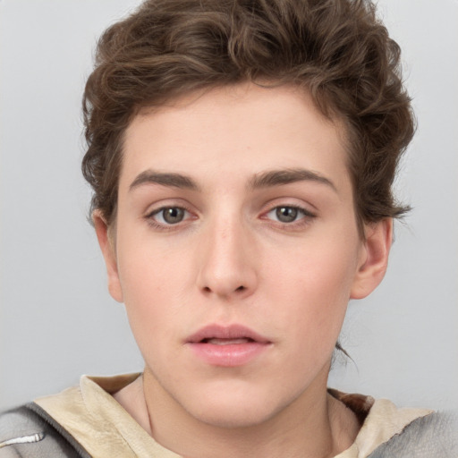 Neutral white young-adult female with short  brown hair and brown eyes