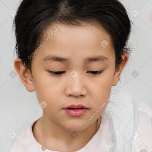 Joyful white child female with medium  brown hair and brown eyes