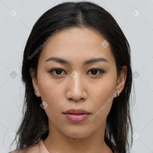 Neutral asian young-adult female with long  brown hair and brown eyes