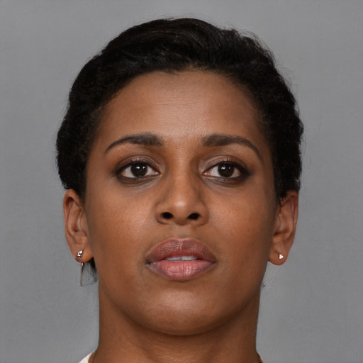 Neutral black young-adult female with short  brown hair and brown eyes