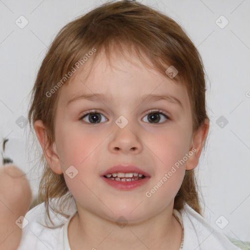 Joyful white child female with medium  brown hair and blue eyes