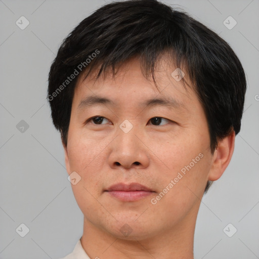 Neutral asian adult male with short  brown hair and brown eyes