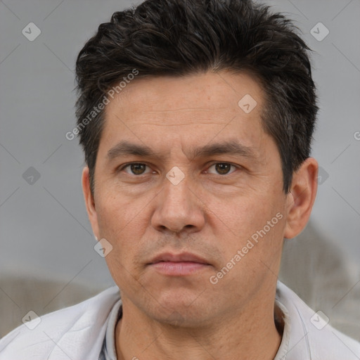 Neutral white adult male with short  brown hair and brown eyes