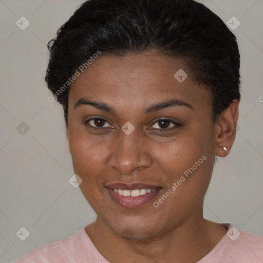 Joyful black young-adult female with short  brown hair and brown eyes