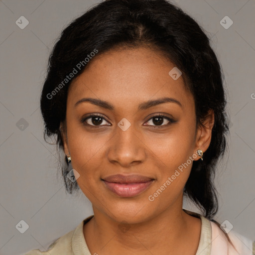 Joyful black young-adult female with medium  black hair and brown eyes