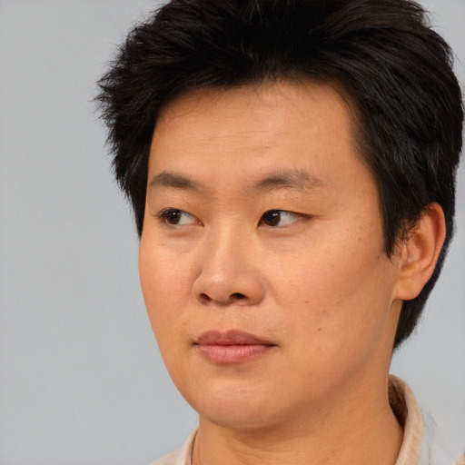 Neutral asian young-adult male with short  brown hair and brown eyes