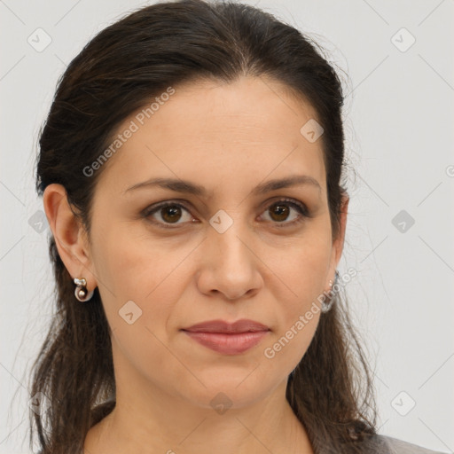 Joyful white young-adult female with long  brown hair and brown eyes