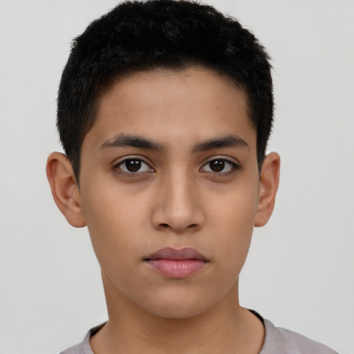 Neutral latino young-adult male with short  black hair and brown eyes