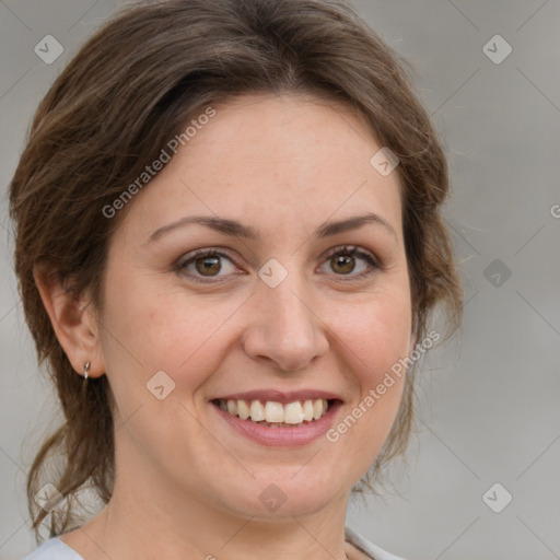 Joyful white young-adult female with medium  brown hair and green eyes