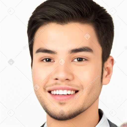 Joyful white young-adult male with short  black hair and brown eyes