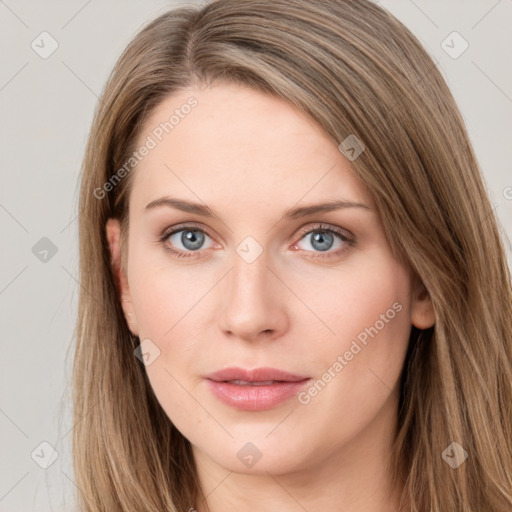 Neutral white young-adult female with long  brown hair and blue eyes