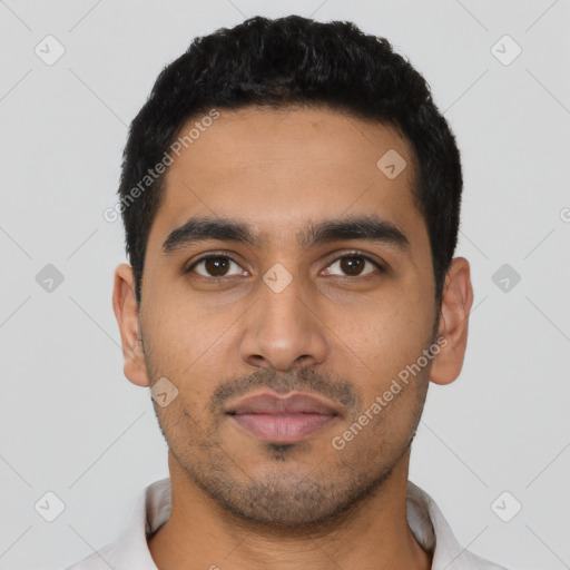 Neutral latino young-adult male with short  black hair and brown eyes