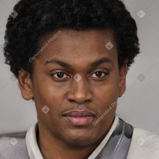 Joyful latino young-adult male with short  brown hair and brown eyes