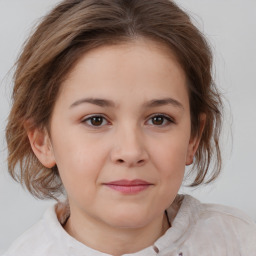 Joyful white child female with medium  brown hair and brown eyes