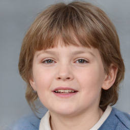 Joyful white child female with medium  brown hair and grey eyes