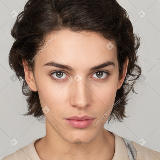 Neutral white young-adult female with medium  brown hair and brown eyes