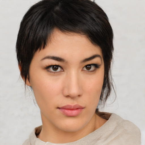 Neutral asian young-adult female with short  brown hair and brown eyes