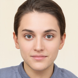 Neutral white young-adult female with short  brown hair and brown eyes